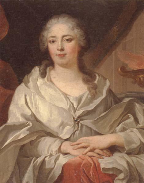 unknow artist Portrait of a lady,half-langth seated,wearing an ivory dress and mantle with a pearl brooch,by a draped curtain and a flaming urn Norge oil painting art
